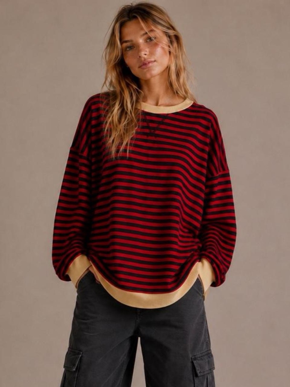 Striped Red and Black Relaxed Crewneck Sweater